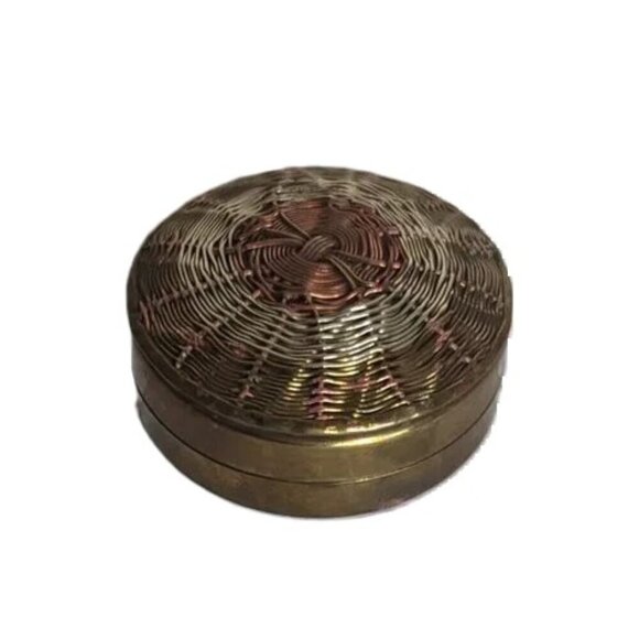 Brass Copper & Silver Tone Pill Box Trinket Ring Holder Boho - Picture 1 of 6